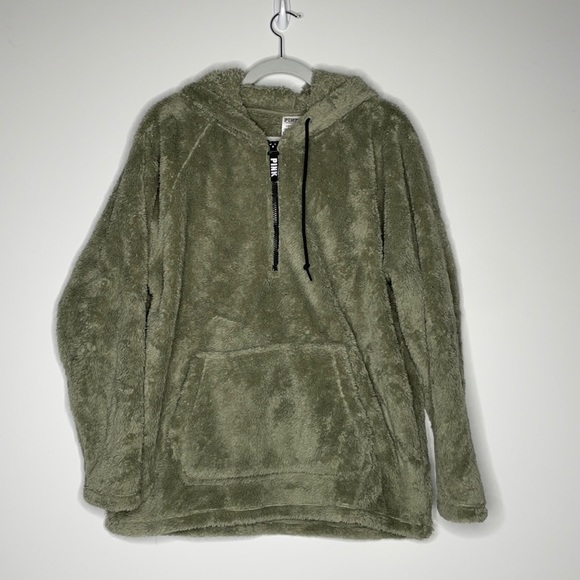PINK by VS Sherpa Hoodie Quarter Zip Green sz Lg - Picture 1 of 4